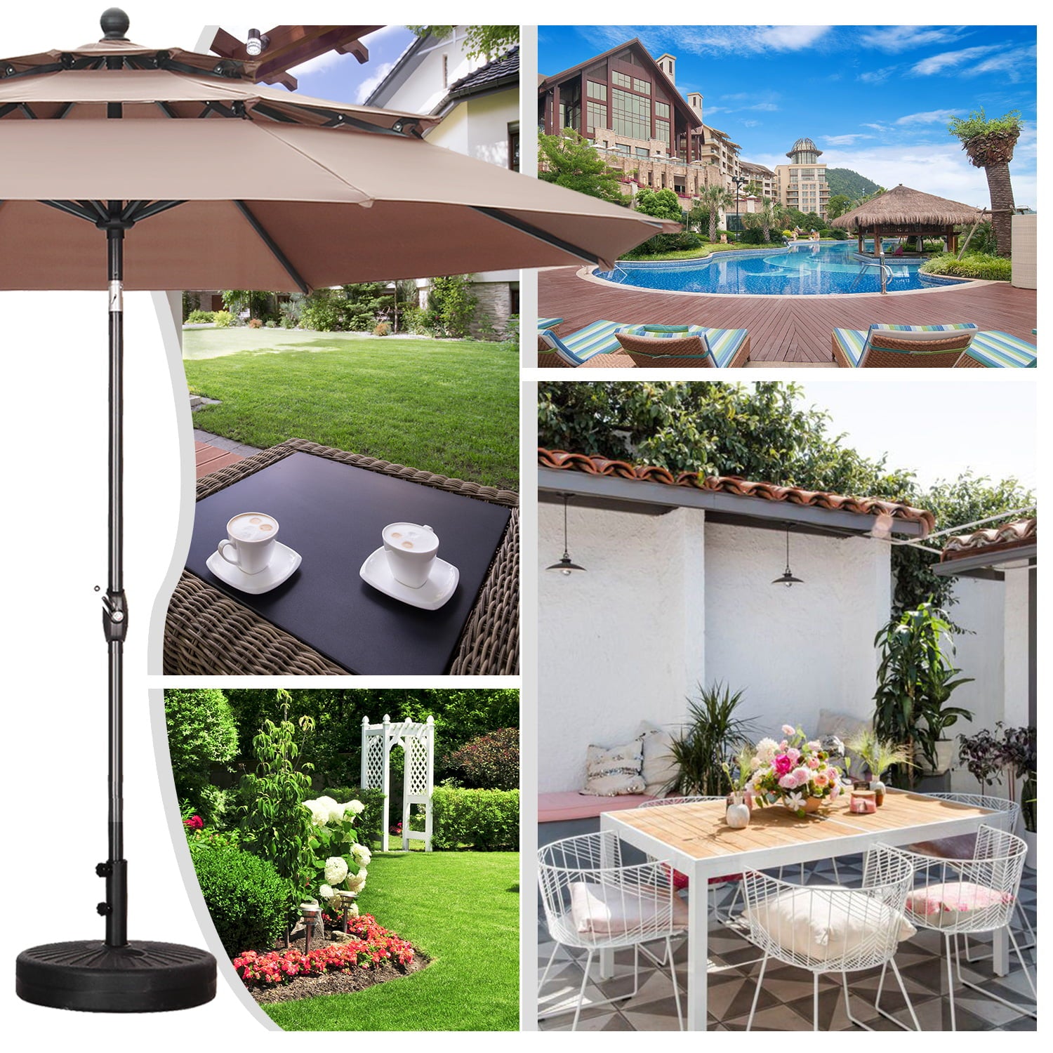 Autlaycil Patio Umbrella 10FT Outdoor Umbrella W/ 3 Tiers,Adjustable Outdoor Market Umbrella W/ Crank and Tilt,Table Umbrella for Garden, Lawn, Backyard and Pool, Coffee