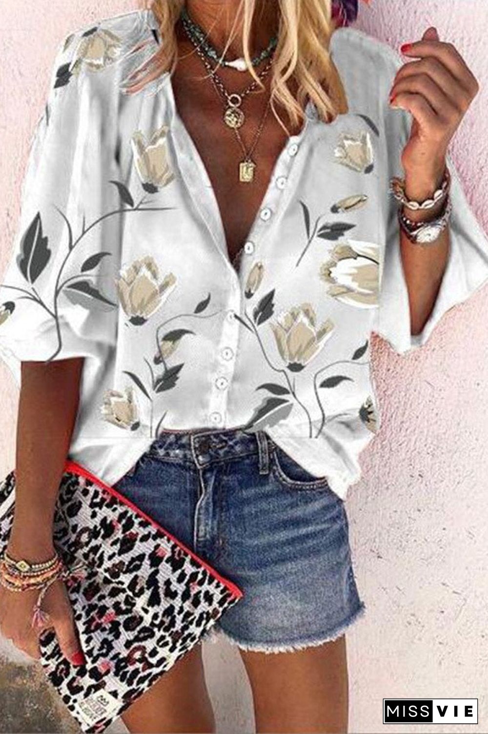 Floral Print Casual V-Neck Blouse