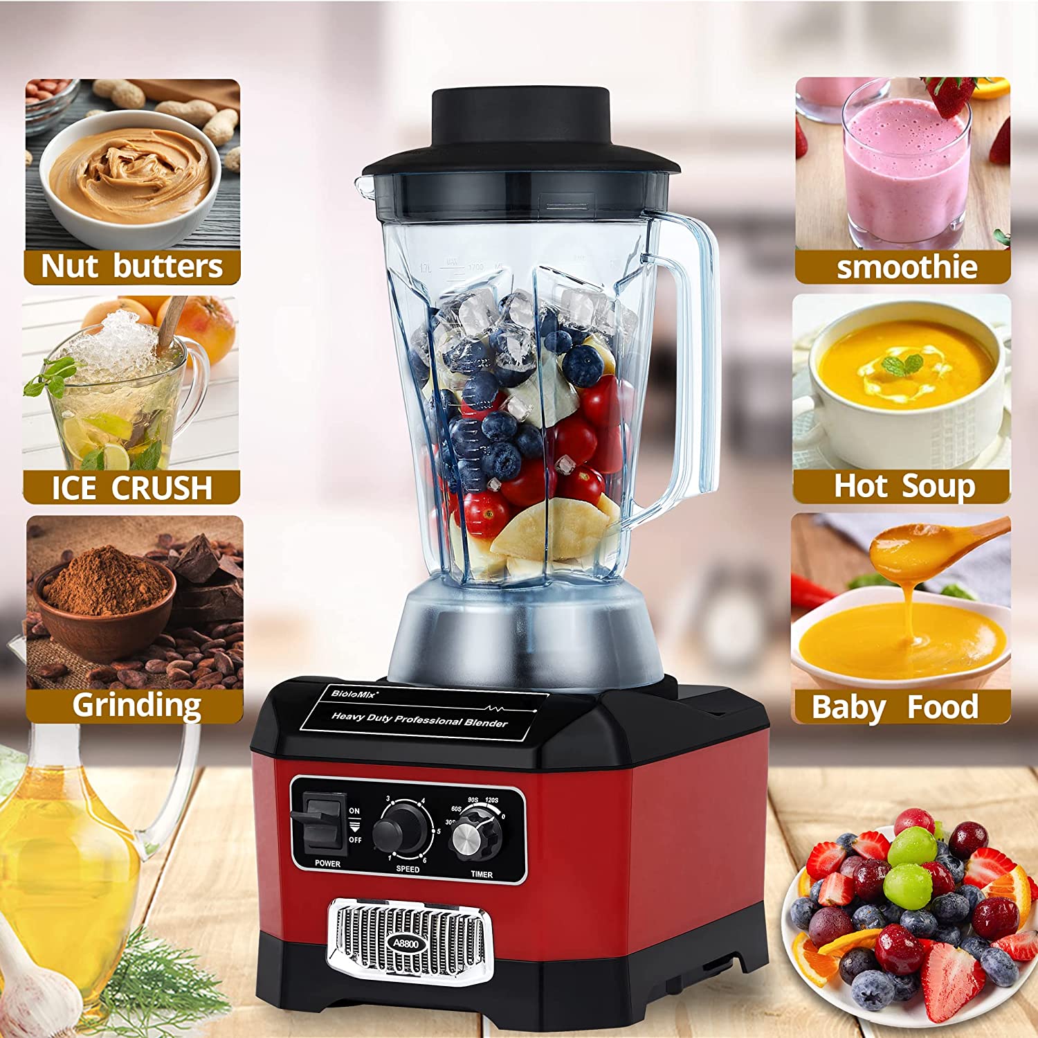 General Heavy Duty Professional Blender  General 2200W Commercial Grade General Blender With 70Oz Container For Shakes  Smoothies  Ice Crushing  General Fruits  Soups  Dry Grinding (Red)