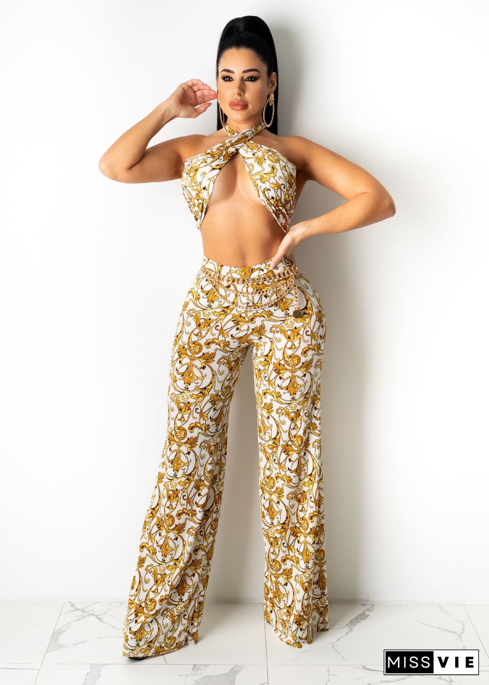 Women Sexy Printed Sleeveless Cross Wrap Halter Crop Tops Losse Wide Leg Pants Summer Two Piece Set