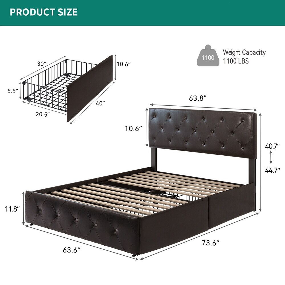 PU Tufted Upholstered Headboard Platform Bed Frame with Storage Drawer