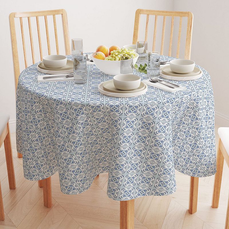 Round Tablecloth， 100% Cotton， 60 Round， Blue Tile Frames