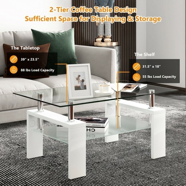 Rectangular Tempered Glass Coffee Table End Side Table with Shelf - 39