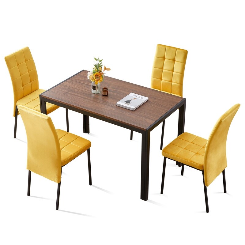 Modern 5 Piece Dining Table Set for 4 Solid Wood Table with Velvet High Back Dining Chair