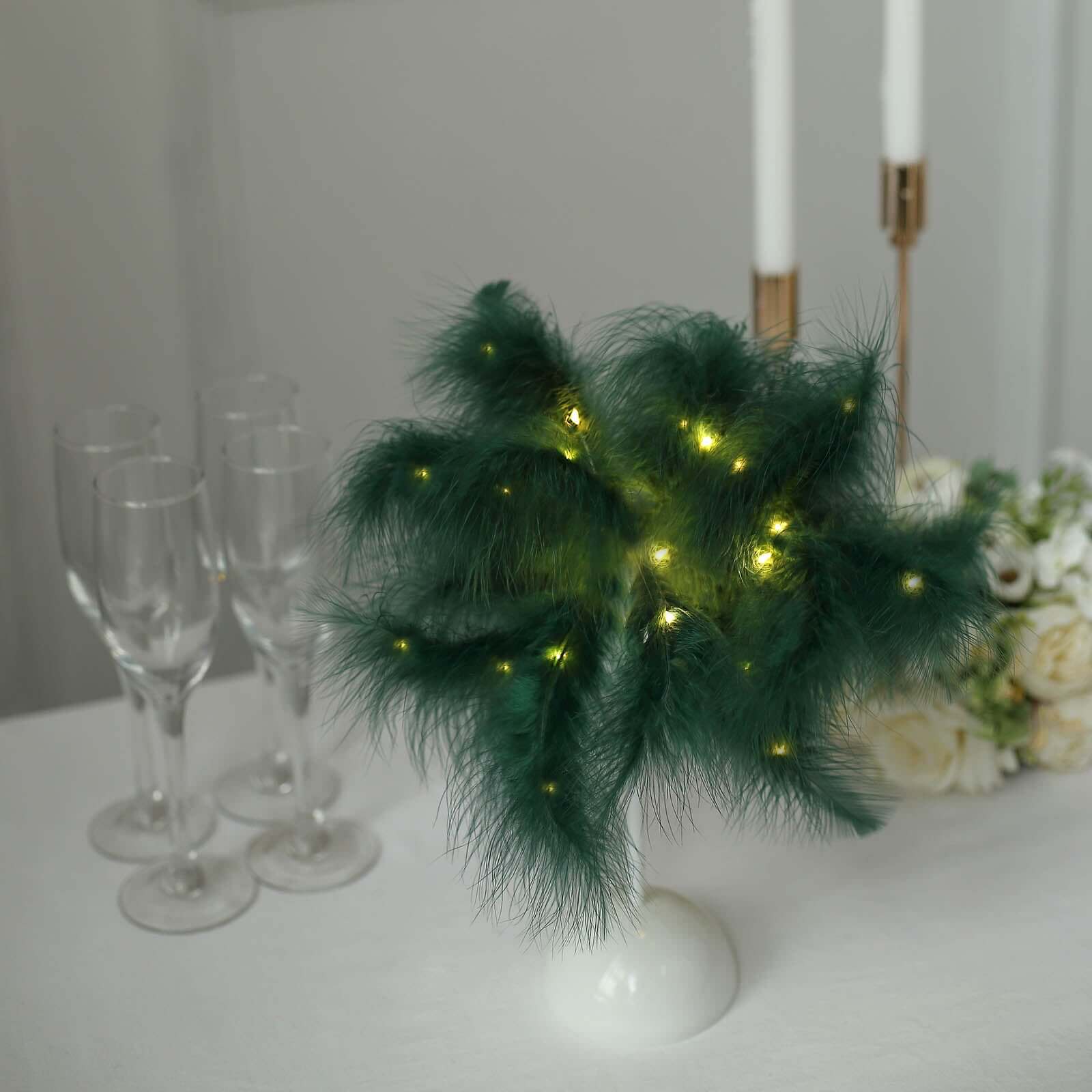 LED Hunter Emerald Green Feather Table Lamp Desk Light, Battery Operated Cordless Wedding Centerpiece 15