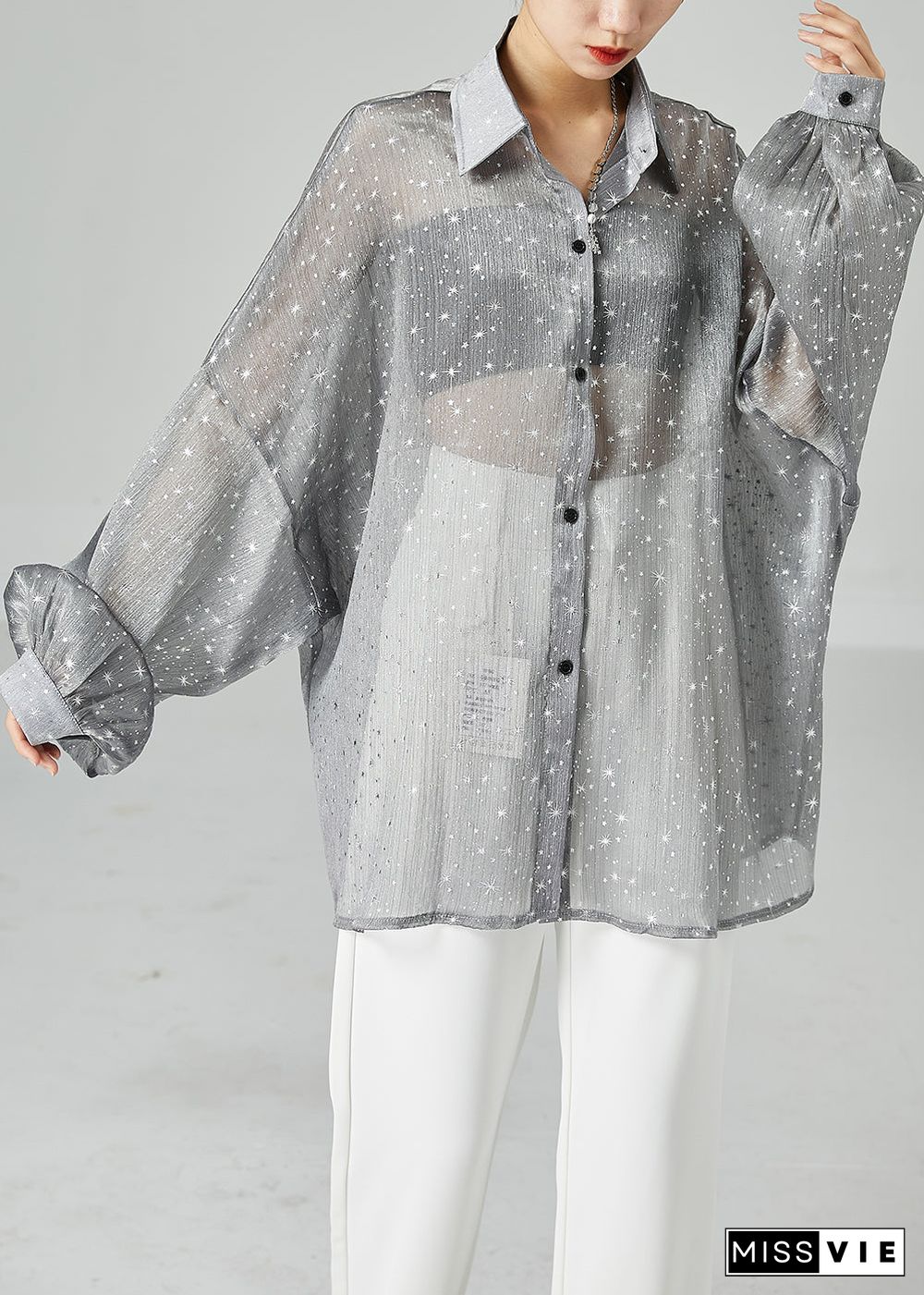 French Grey Oversized Print Silk Shirt Tops Summer