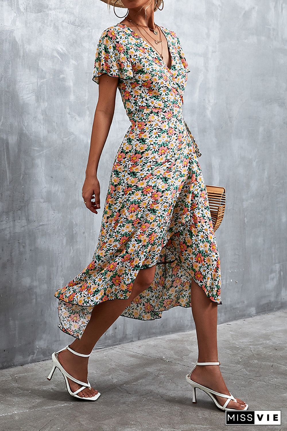 Floral Print V Neck Short Sleeve Dress Wholesale