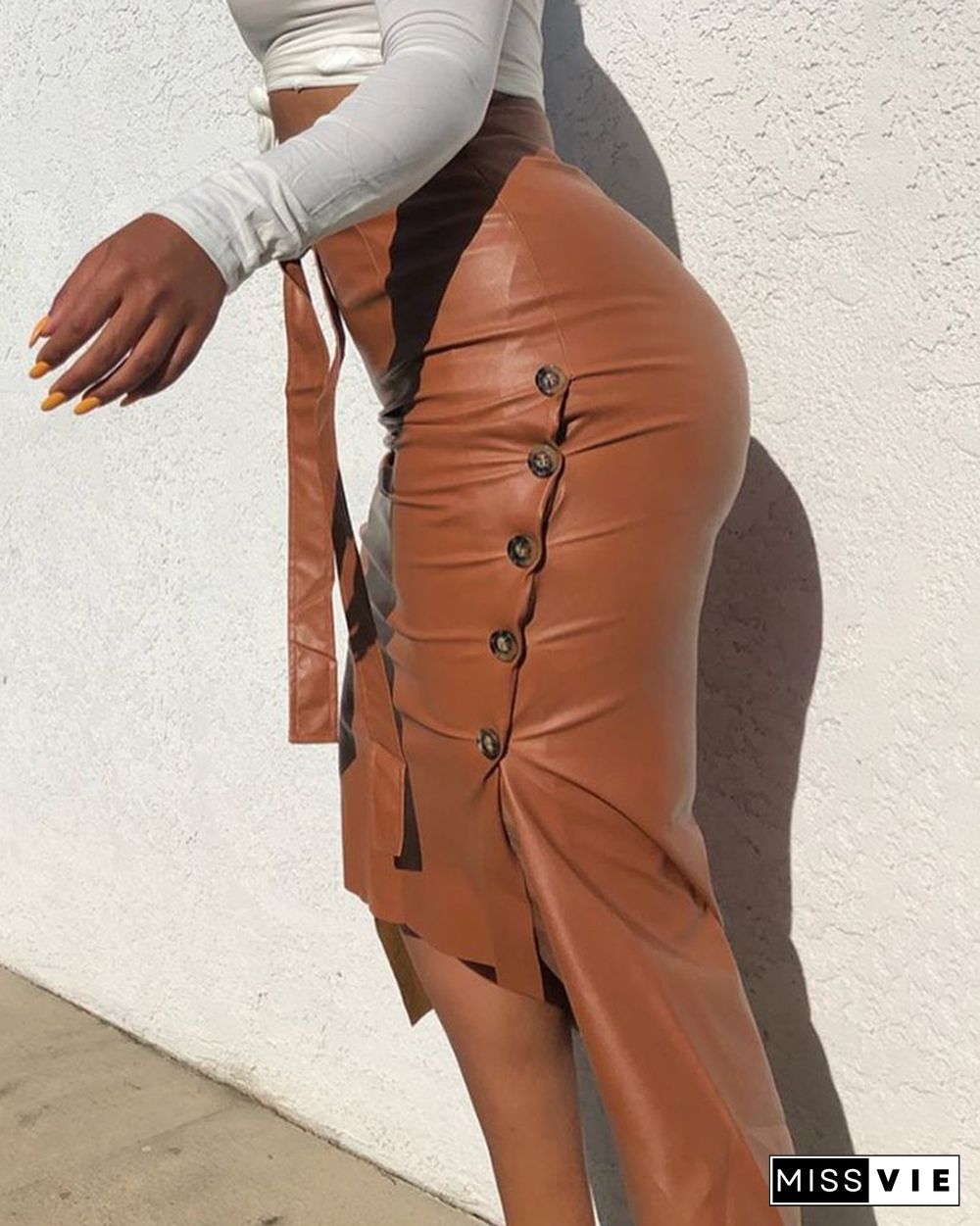 Buttoned Slit PU Leather Midi Skirt