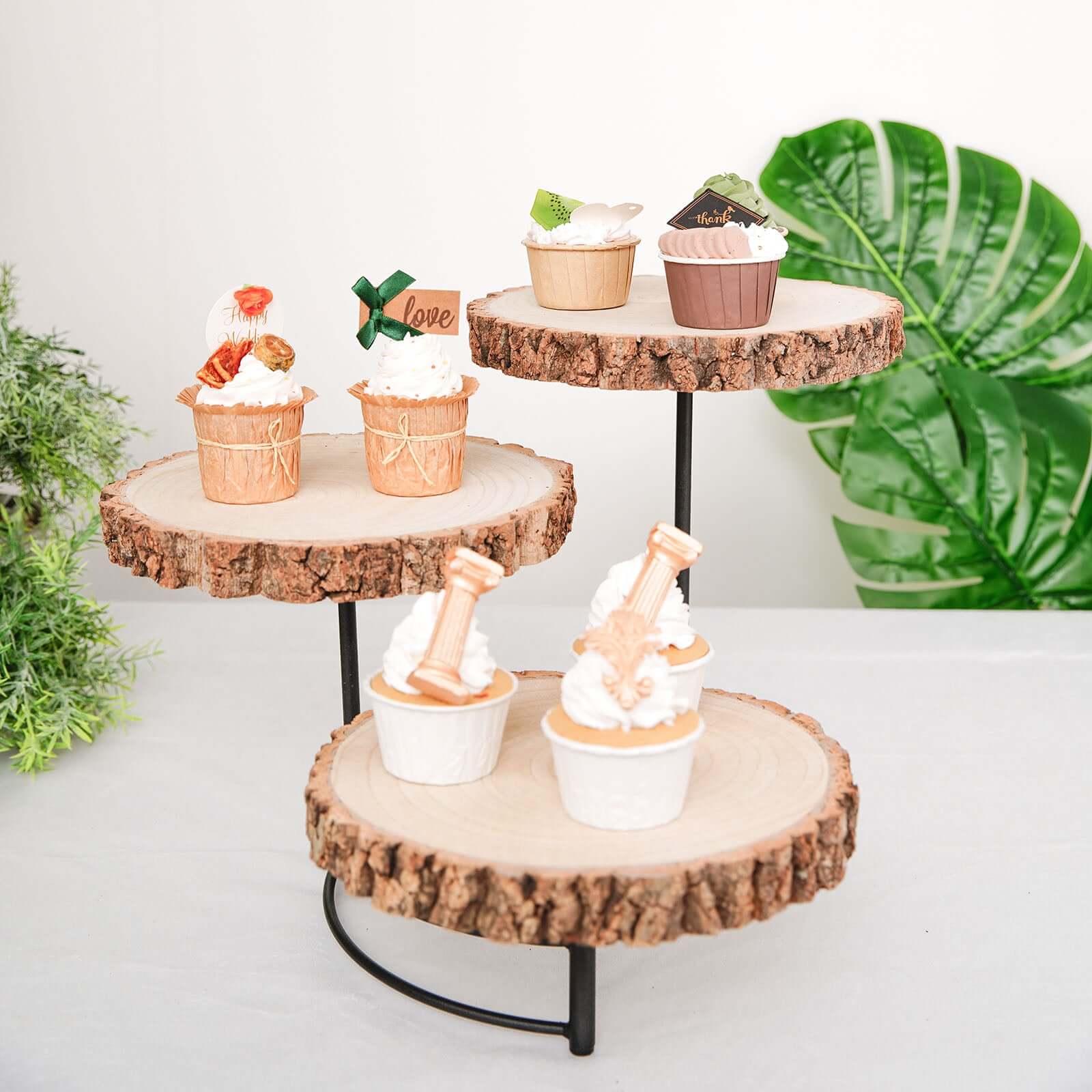 3-Tier Wood Slice Cheese Board, Cupcake Stand, Half Moon Rustic Centerpiece 12