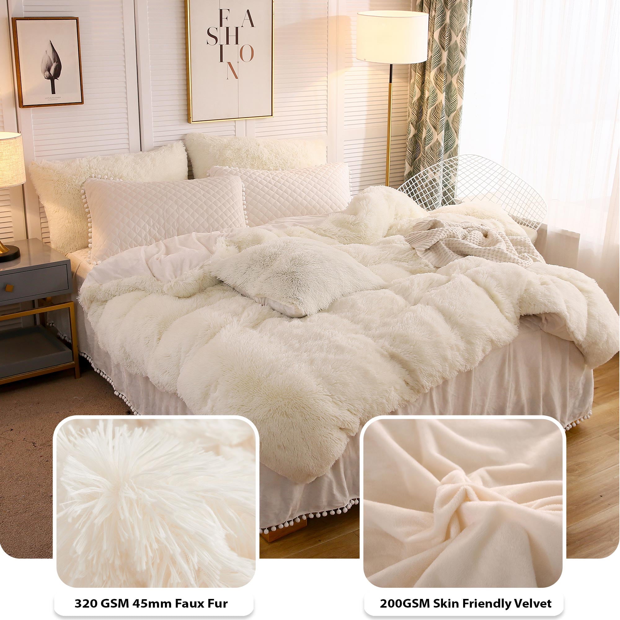 LIFEREVO 3 Pieces Luxury Plush Shaggy Faux Fur Duvet Cover Set(1 Fluffy Fuzzy Comforter Cover + 2 Pompoms Fringe Quilted Pillow Covers) Furry Bedding Set， Zipper Closure， Queen Size， Beige