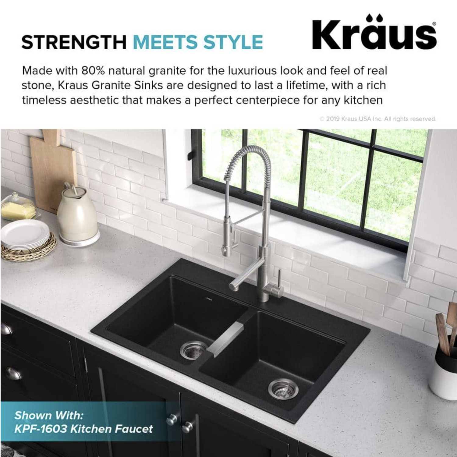 Kraus 33 Inch Dual Mount 50/50 Double Bowl Granite Kitchen Sink w/Topmount and Undermount Installation in Black Onyx