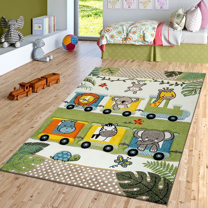 Colorful Nursery Rug for Kids with Cute Jungle Animals in Locomotive