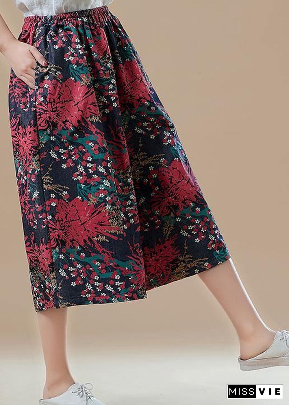 Natural red print cotton for women Fitted Catwalk Robe elastic waist wide leg pants