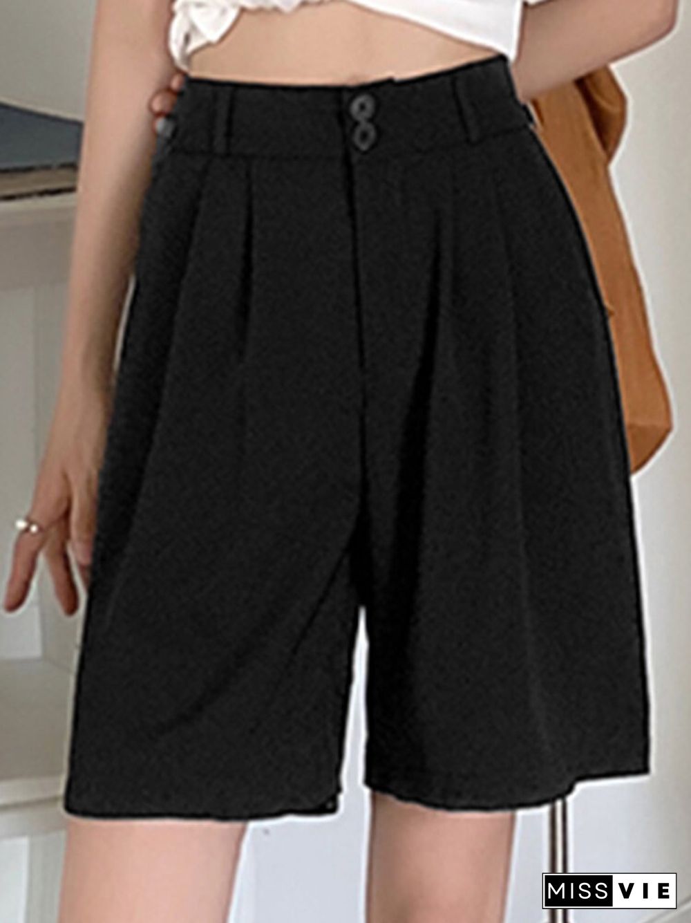 Women Casual Solid Pocket Pleated Wide Leg Shorts