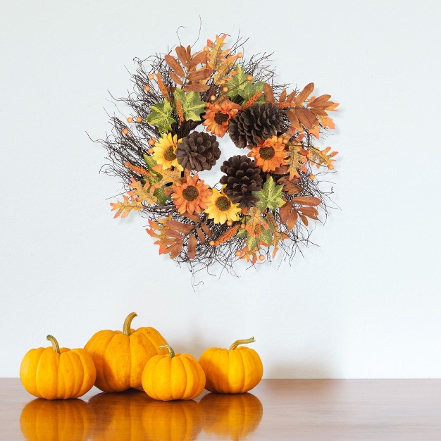 Northlight Sunflowers And Pine Cones Fall Artificial Thanksgiving Wreath 24 inch Unlit