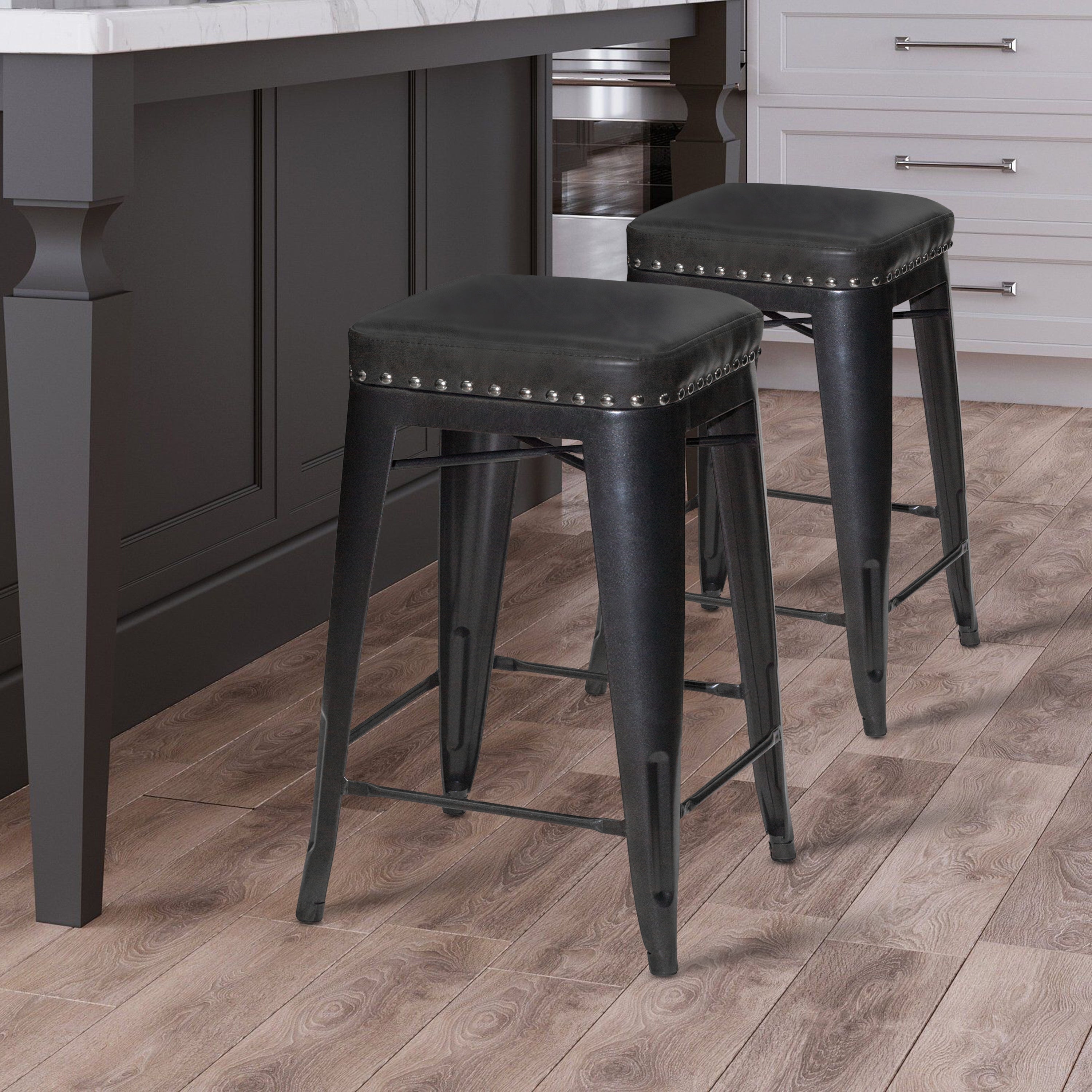 Carbon Loft Halstead Graphite Metal and Faux Leather Counter Stool - Set of 2