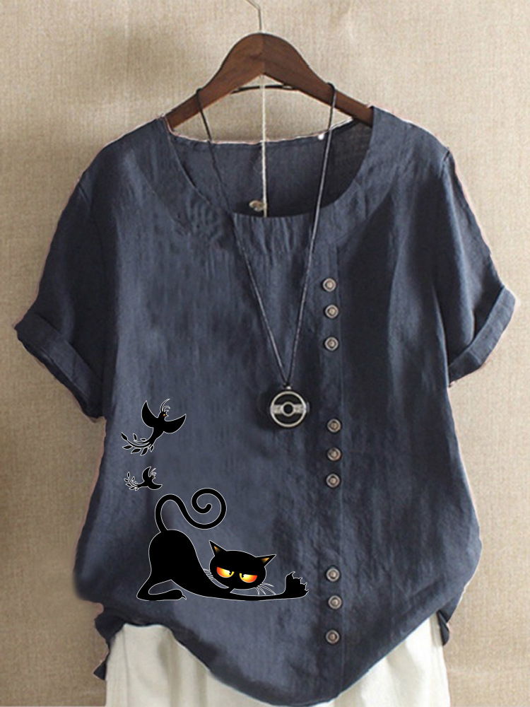 Round Neck Casual Loose Cat Print Short Sleeve Blouse