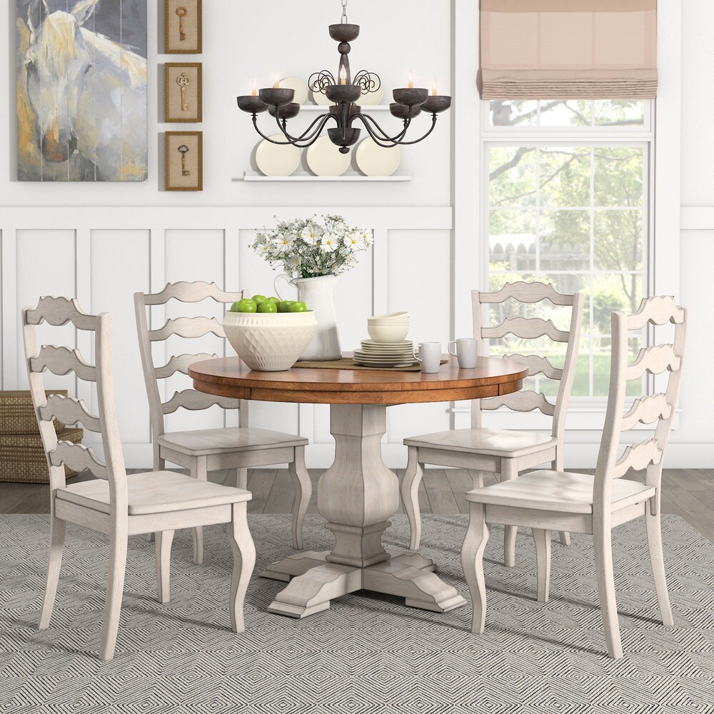 Eleanor Antique White Round Solid Wood Top 5 Piece Dining Set   French Ladder by iNSPIRE Q Classic