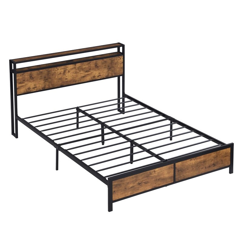 Industrial Queen/ Full Bed Frame with LED Lights and 2 USB Ports Rustic Brown