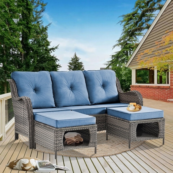 Rattan Wicker Patio Furniture Conversation Seating with 360° High Back Swivel Chairs+Storage Ottomans，Bule Cushions Included🎁