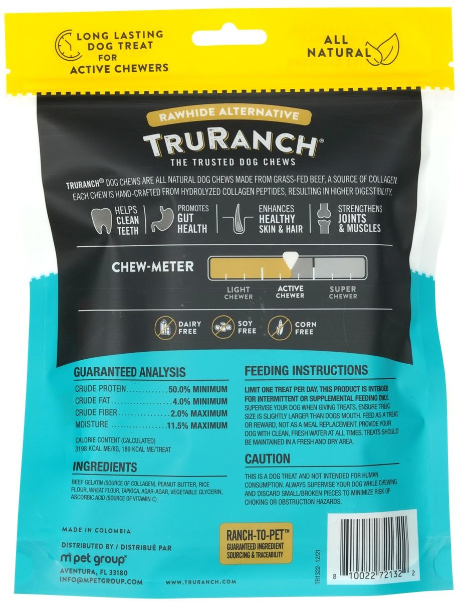 TruRanch Peanut Butter Collagen Roll Hard Chew Dog Treats， 6-in， 4 count