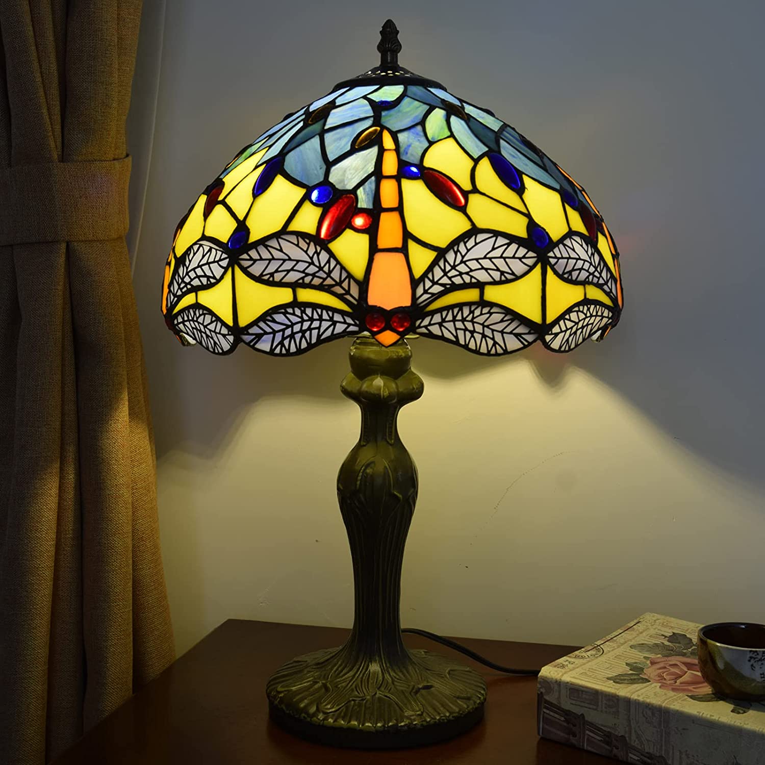 SHADY Tiffany Lamp Stained Glass Lamp Yellow Blue Dragonfly Bedroom Table Lamp Reading Desk Light for Bedside Living Room Office Dormitory Dining Room Decorate  12x12x18 Include Light Bul