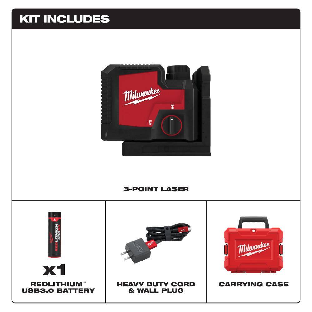 MW Green 100 ft. 3-Point Rechargeable Laser Level with REDLITHIUM Lithium-Ion USB Battery and Charger 3510-21