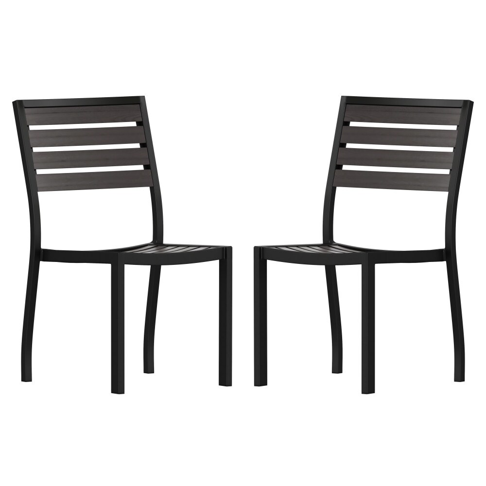 2 Pack Outdoor Faux Teak Side Chair with Poly Slats   Teak Patio Chair