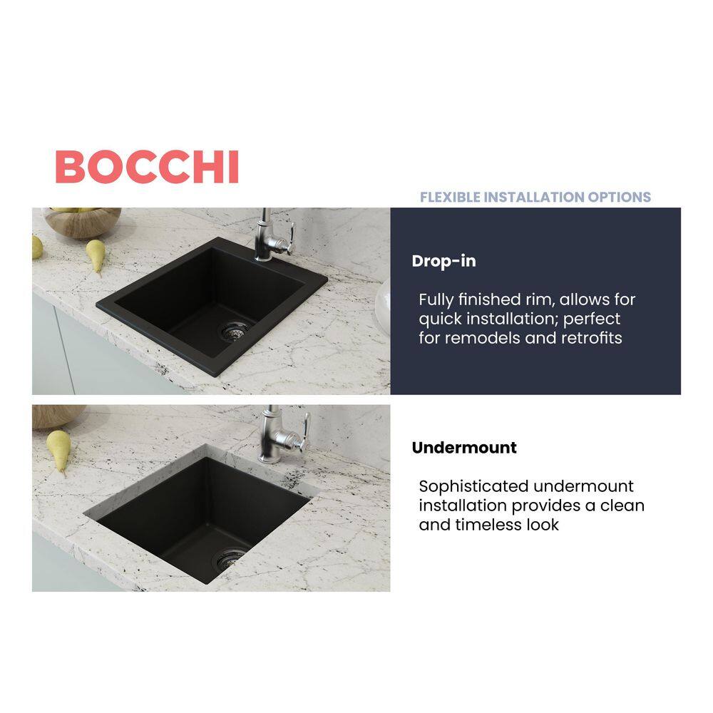 BOCCHI Campino Uno Matte Black Granite Composite 16 in. Single Bowl Drop-InUndermount Bar Sink with Strainer 1608-504-0126