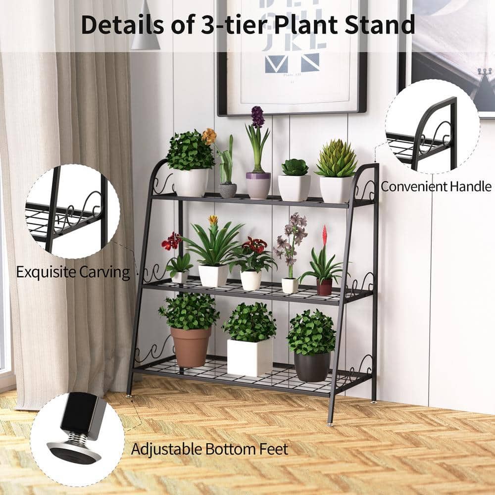 Costway 13 in. Tall Indoor/Outdoor Steel Corner Black Metal Plant Stand (3-Tiered) GT3526