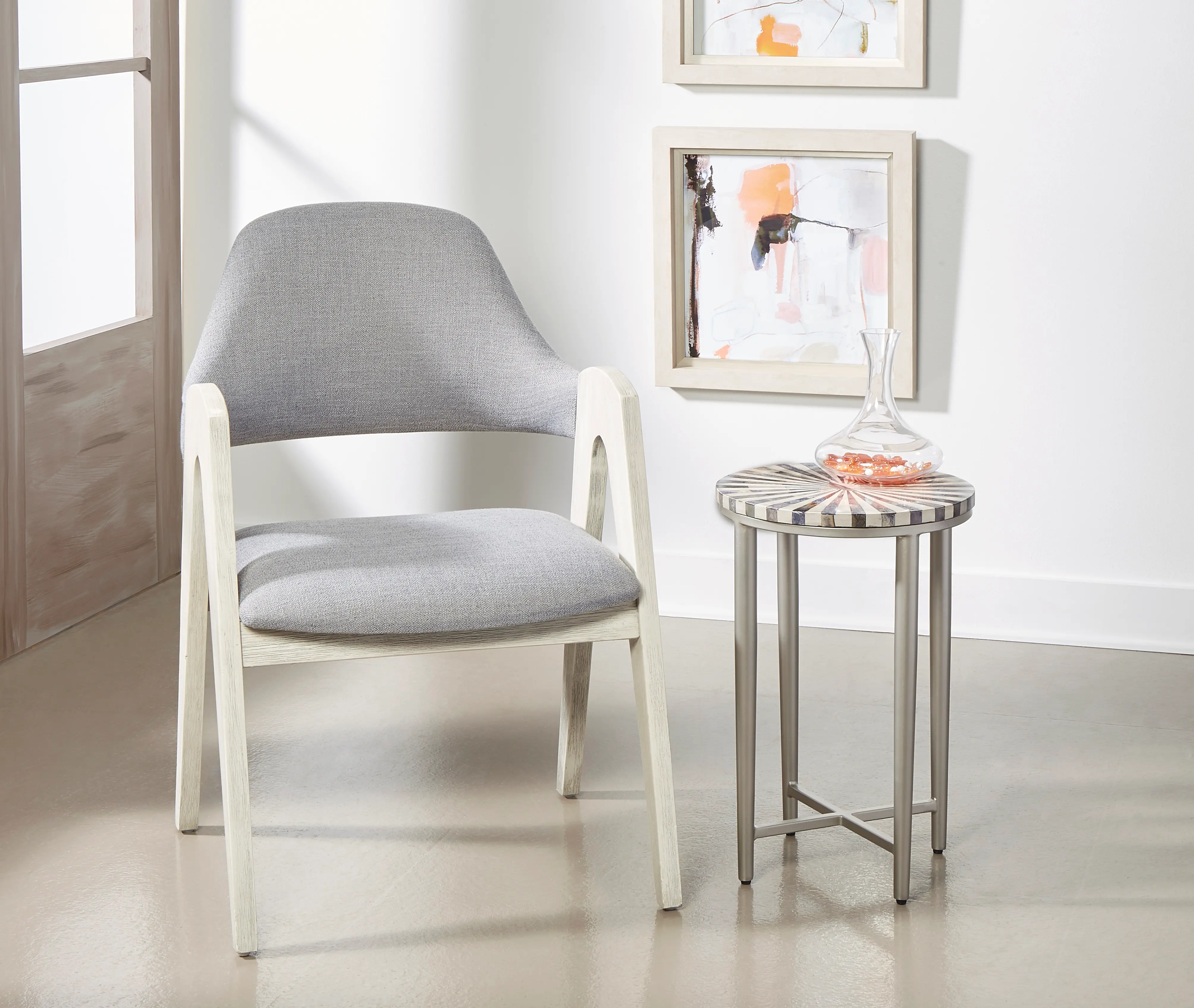 Bone Dyed Gray Round Accent Table with Antique Silver Legs