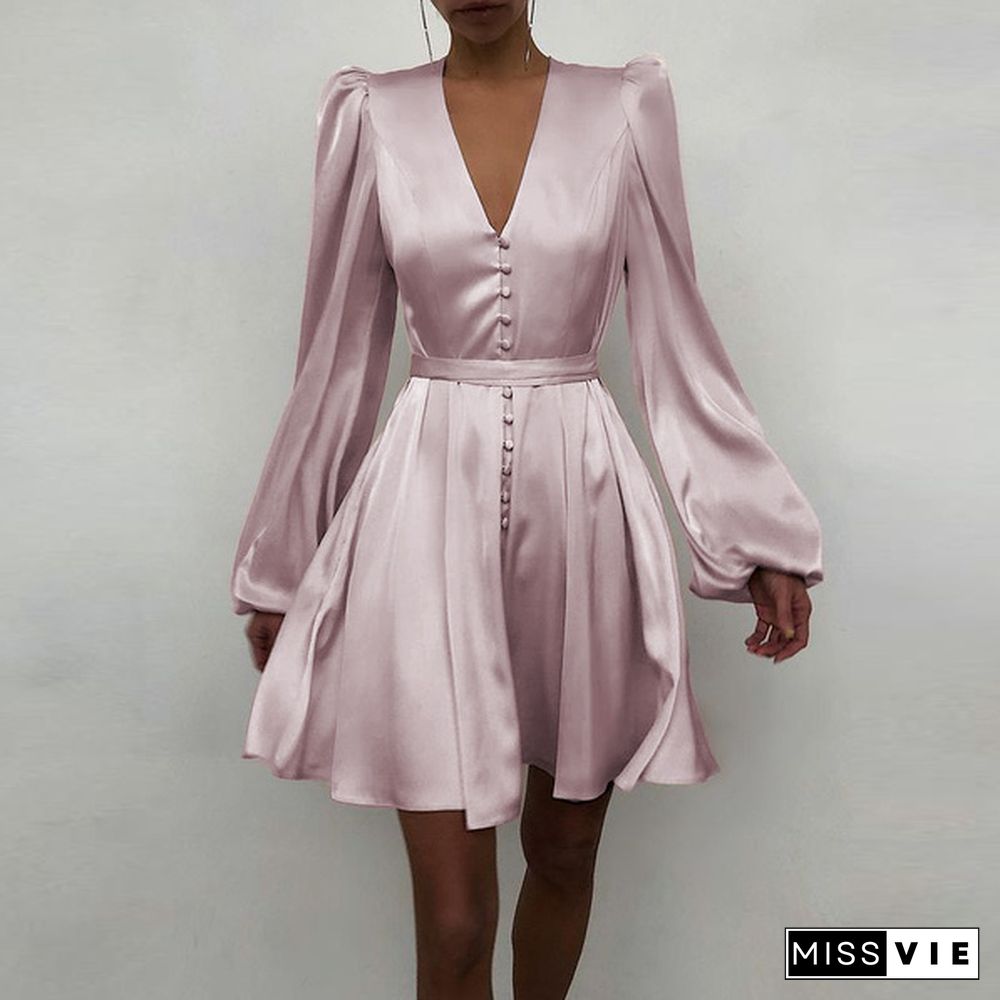 Women Solid Color Stain V Neck Puff Long Sleeve Cocktail Dress Casual Fashion Party Belted Midi Dress Plus Size Kleid