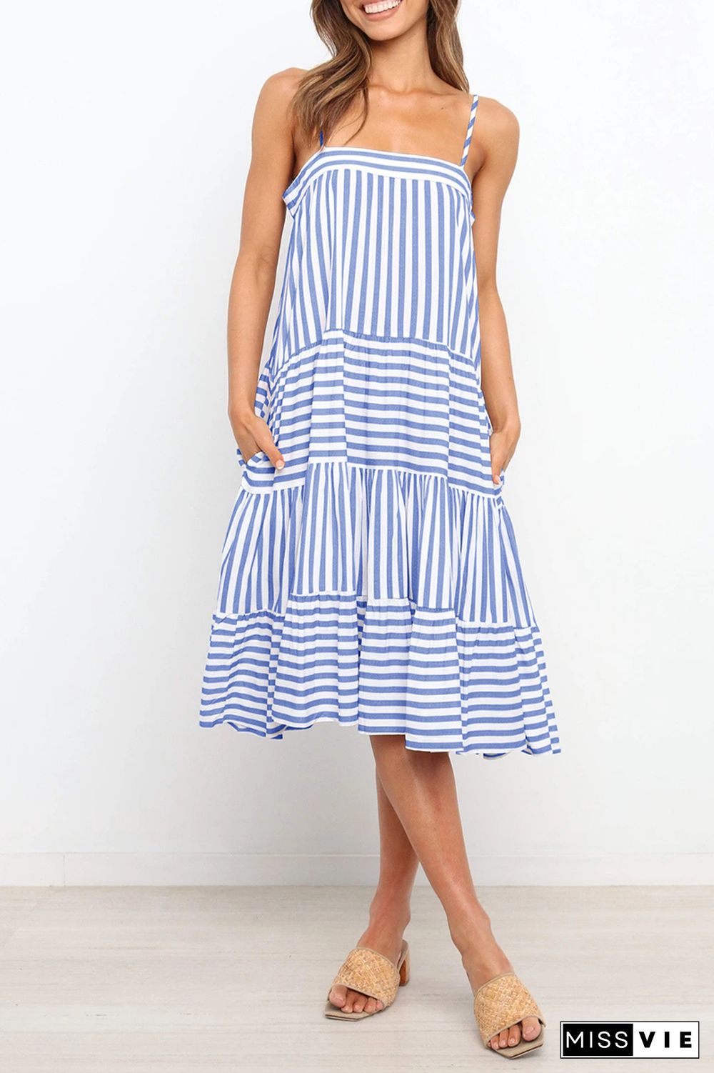 Casual Striped Spaghetti Strap Cake Skirt Dresses(4 Colors)