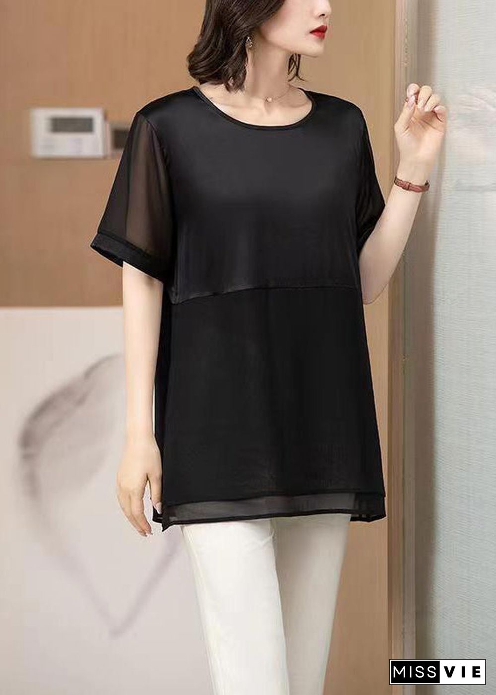 Loose Black O Neck Patchwork Chiffon T Shirt Tops Summer