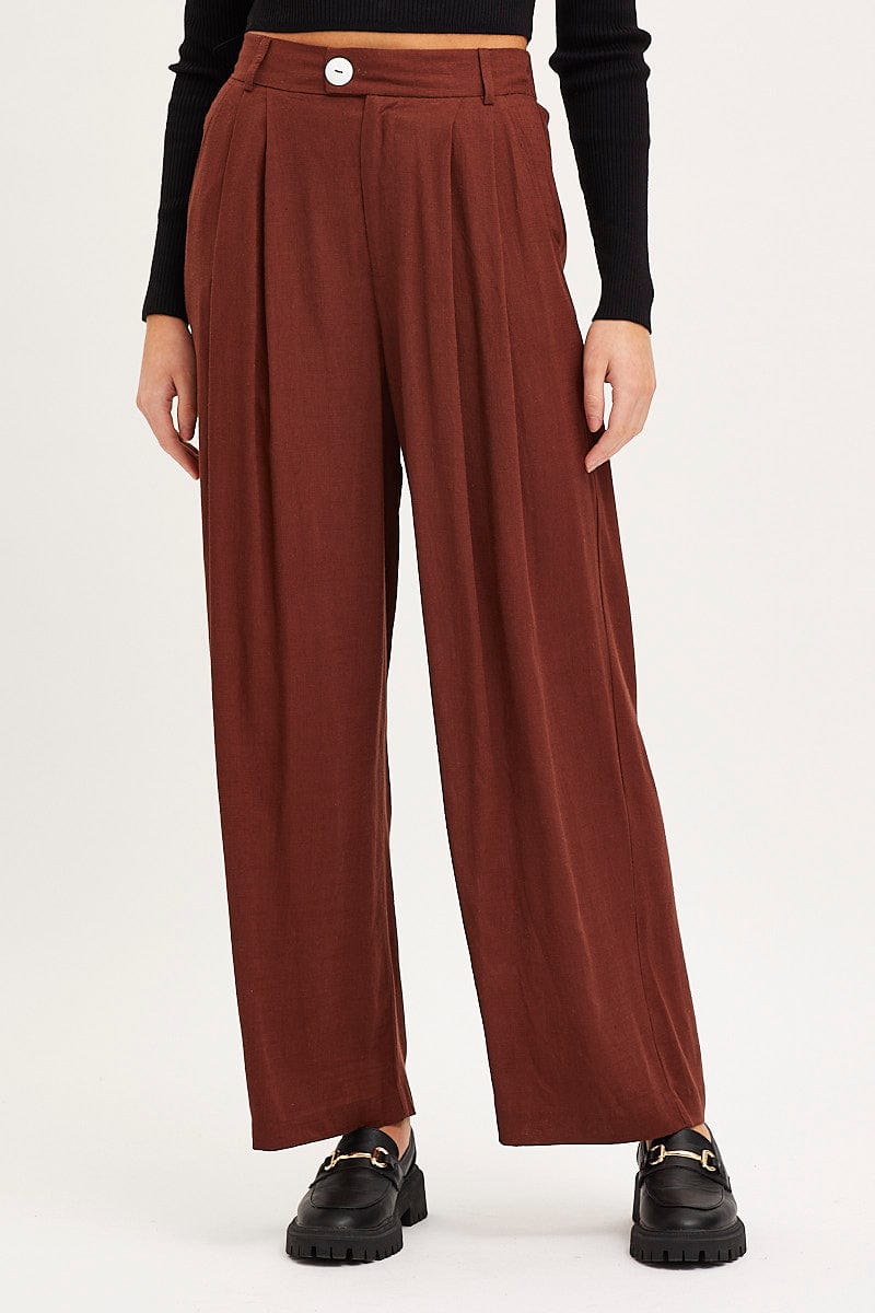 Brown Wide Leg Pants High Rise