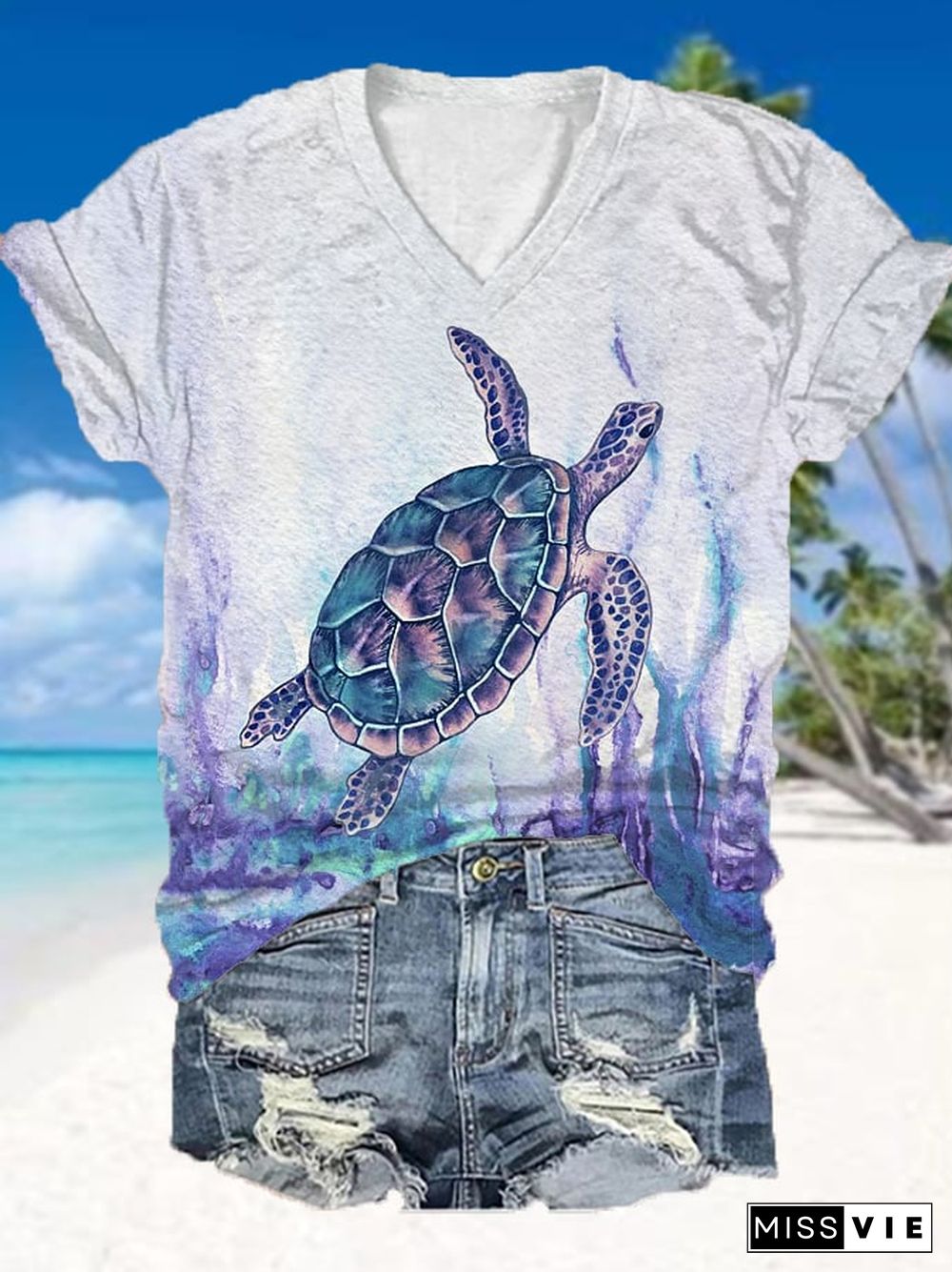 Women's Water Color Sea Turtle Print V-Neck Tee