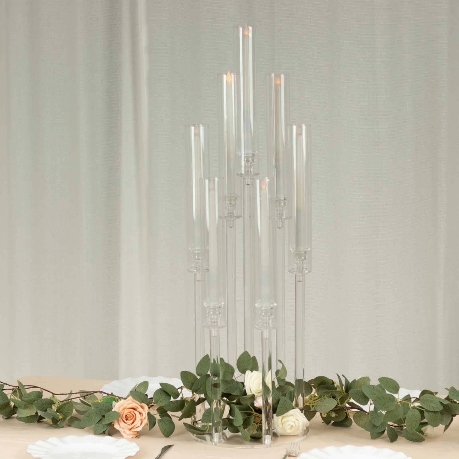 7 Arm Clear Acrylic Cluster Round Taper Candle Holder Candelabra, Pillar Candle Stick Stand With Circular Base - 33