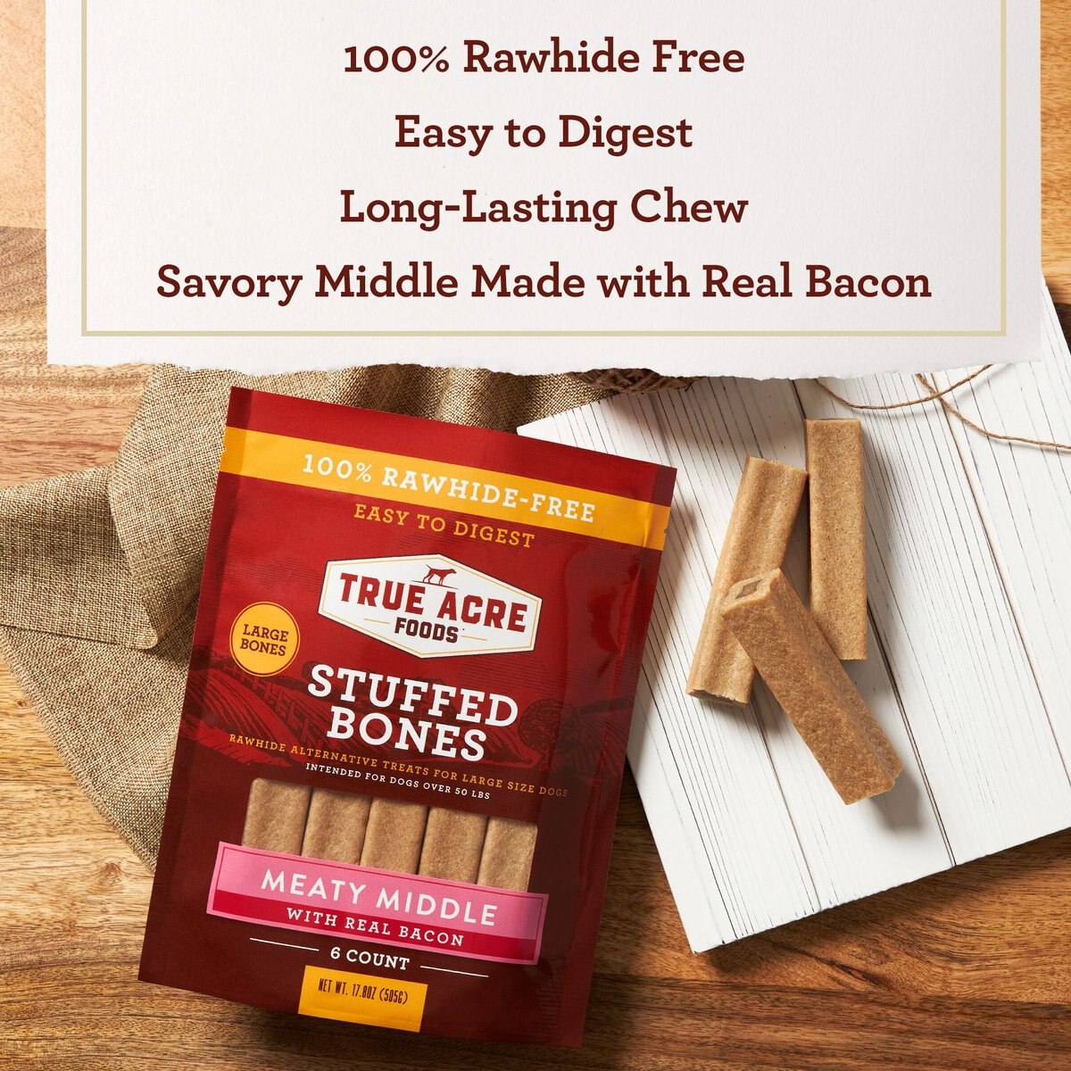 True Acre Foods Large Stuffed Bone Treats Meaty Middle Made with real Bacon