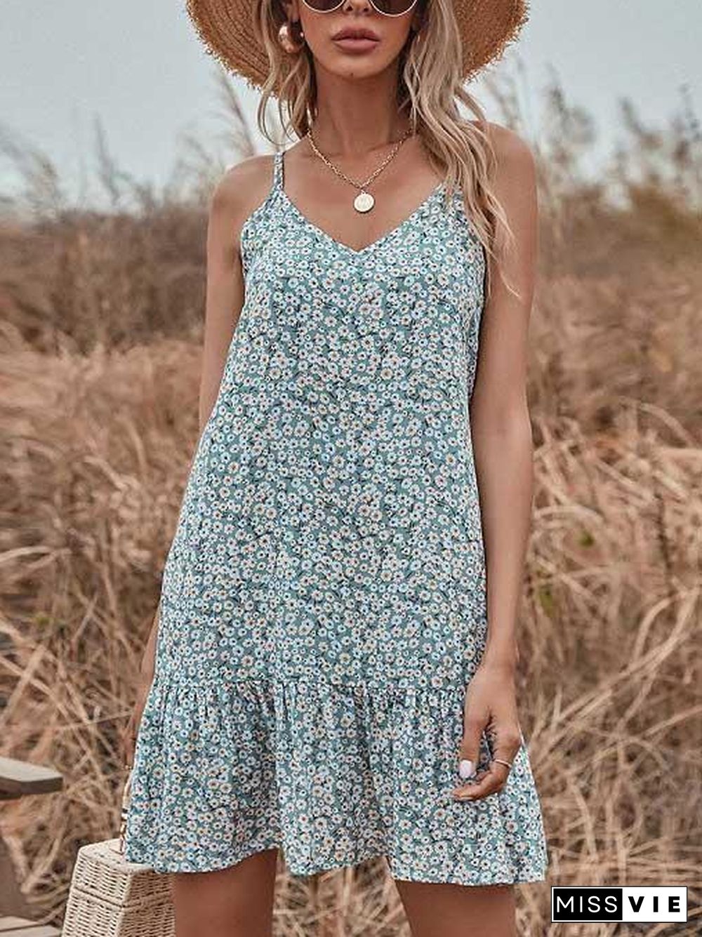 Fashion V Neck Floral Printed Sleeveless Shift Dress