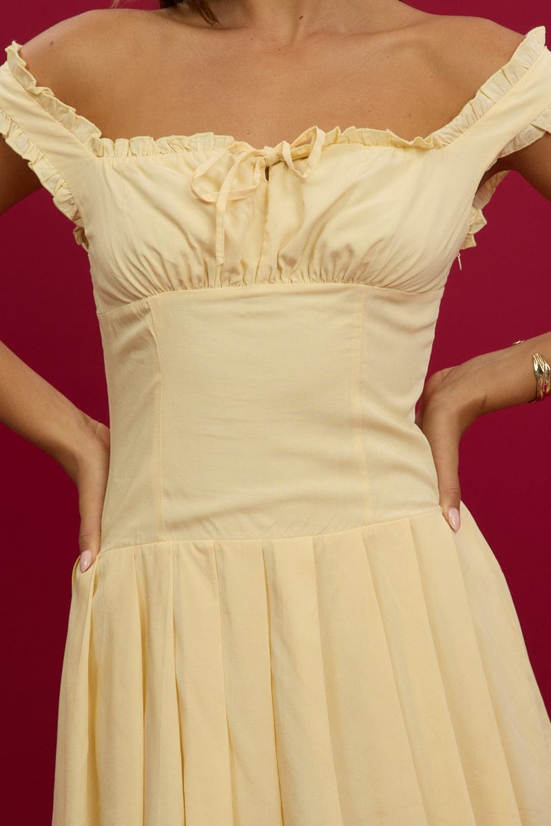 Yellow Mini Dress Pleated Skirt Gathered Bust