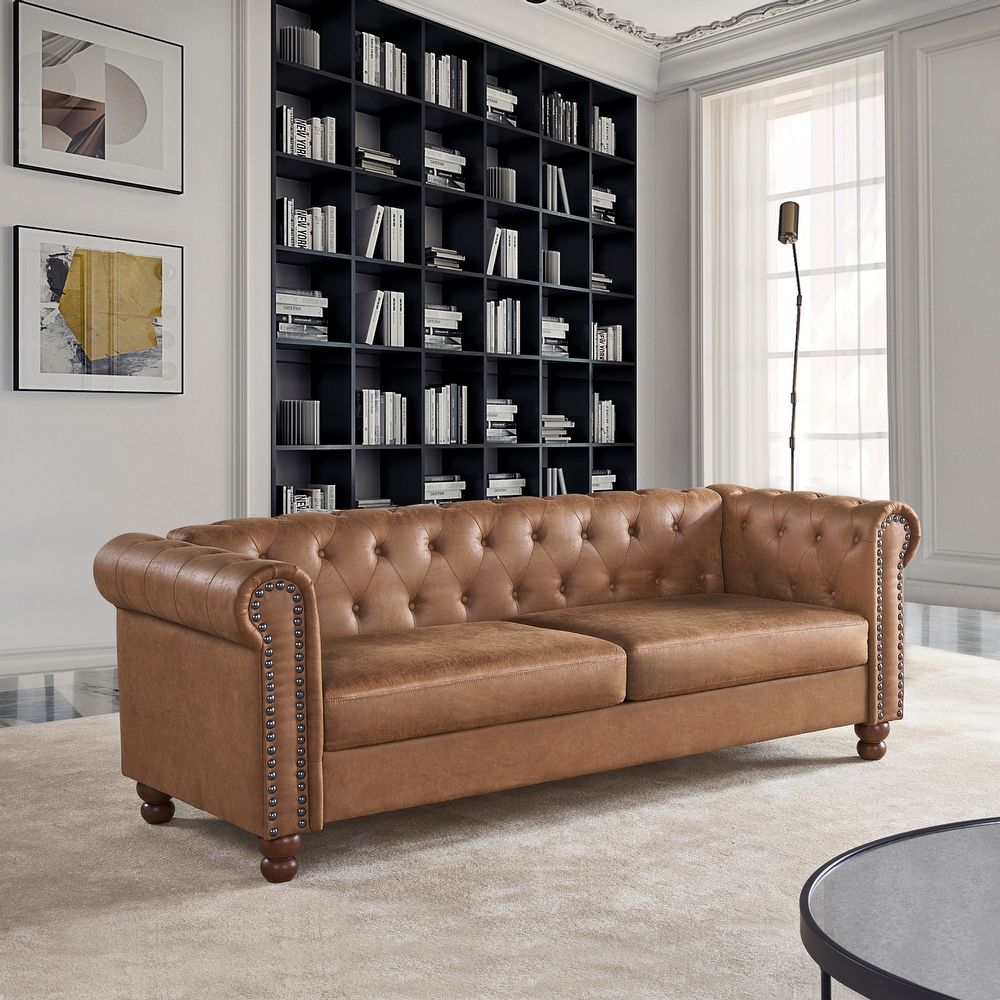 Modern Tufted Fabric Sofa Velvet Upholstered Couch High Tech Fabric for Living Room Sofa with Nailheads Arms and Wood Legs