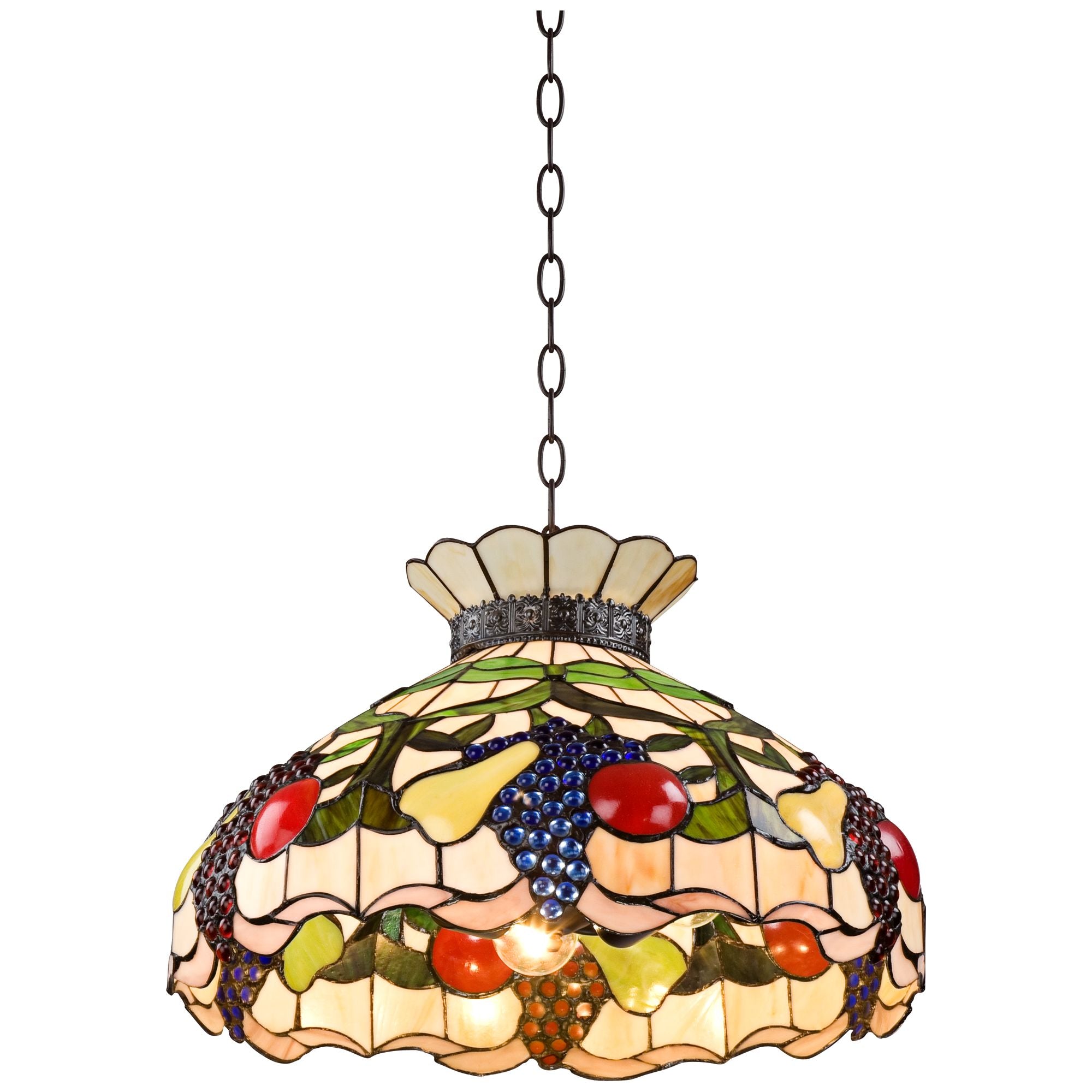 Robert Louis  Bronze Pendant Chandelier 20" Wide 3-Light  Style Ripe Fruit Stained Glass Shade Dining Room Kitchen