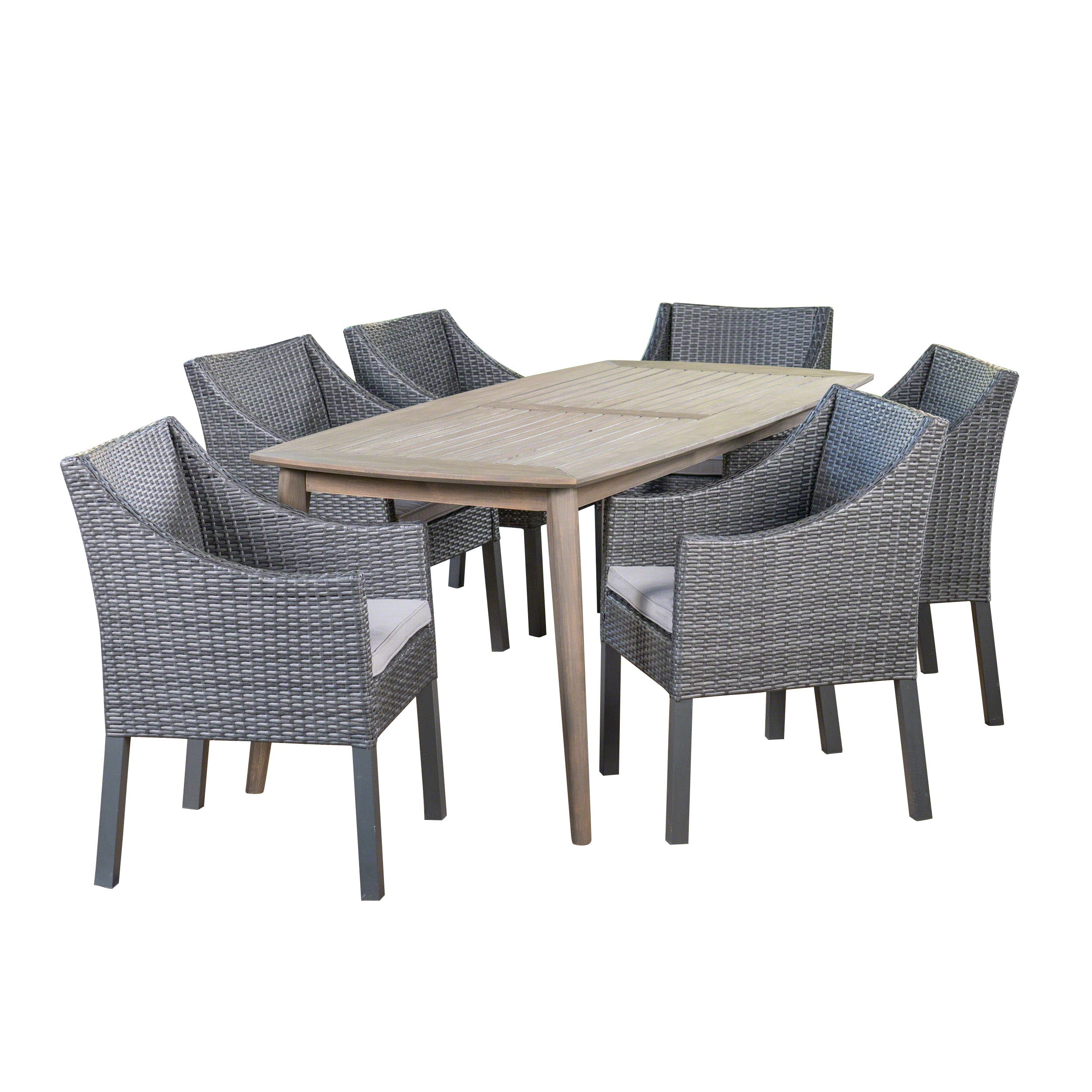 Kerk Outdoor 7 Piece Wood and Wicker Dining Set, Gray and Gray