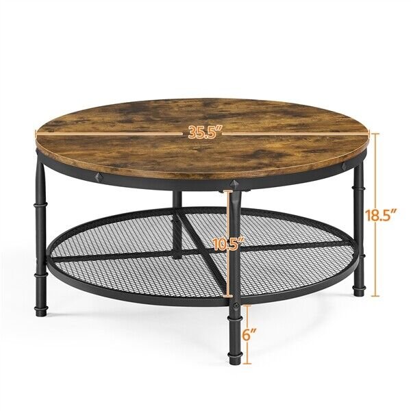 2-Tier Rustic Round Coffee Table Home Furniture w/ Storage Shelf for Living Room