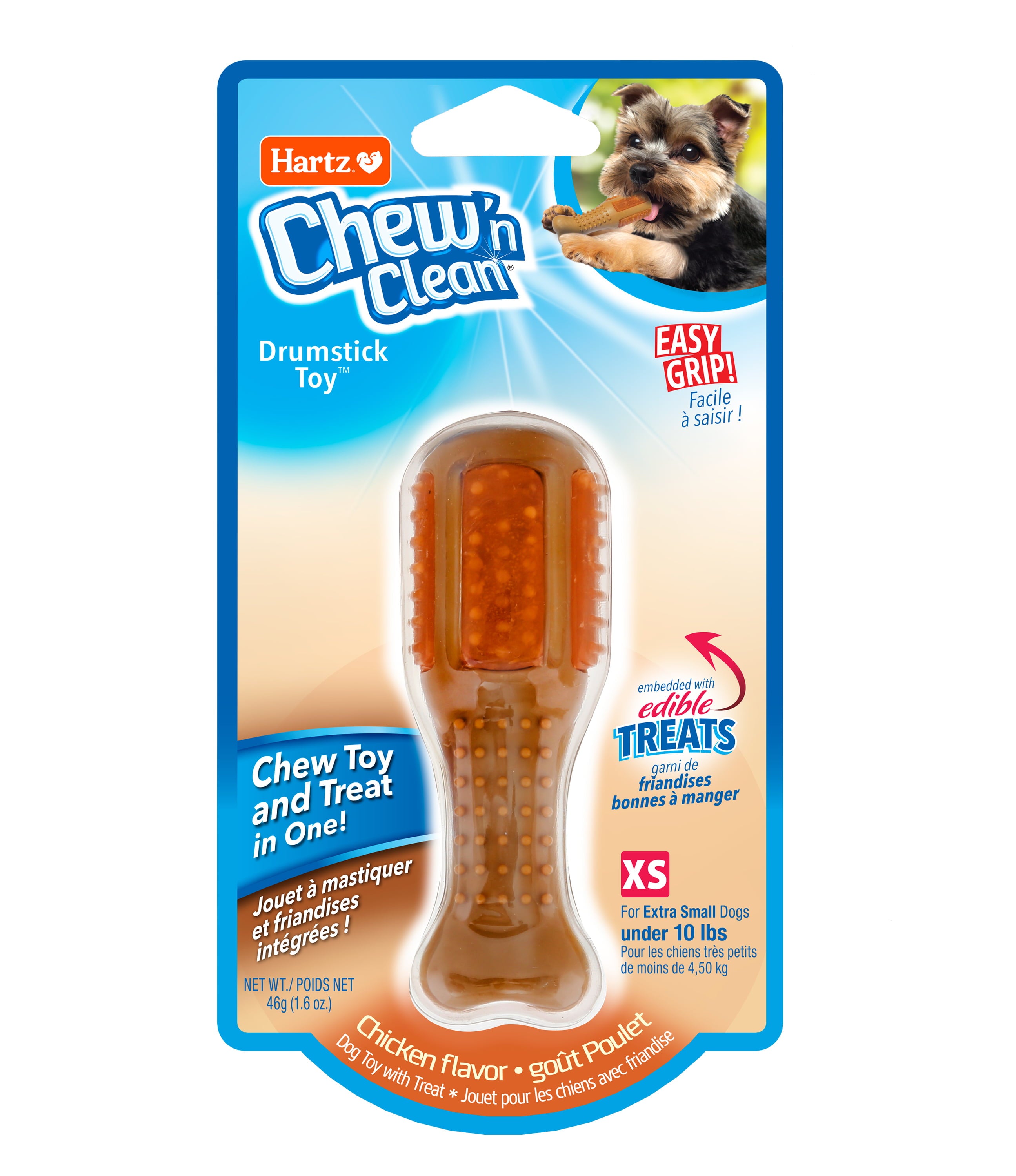 Hartz Chew ‘n Clean Drumstick Dog Chew Toy and Treat in One， Chicken Flavored Dog Toy For Moderate Chewers， Extra Small