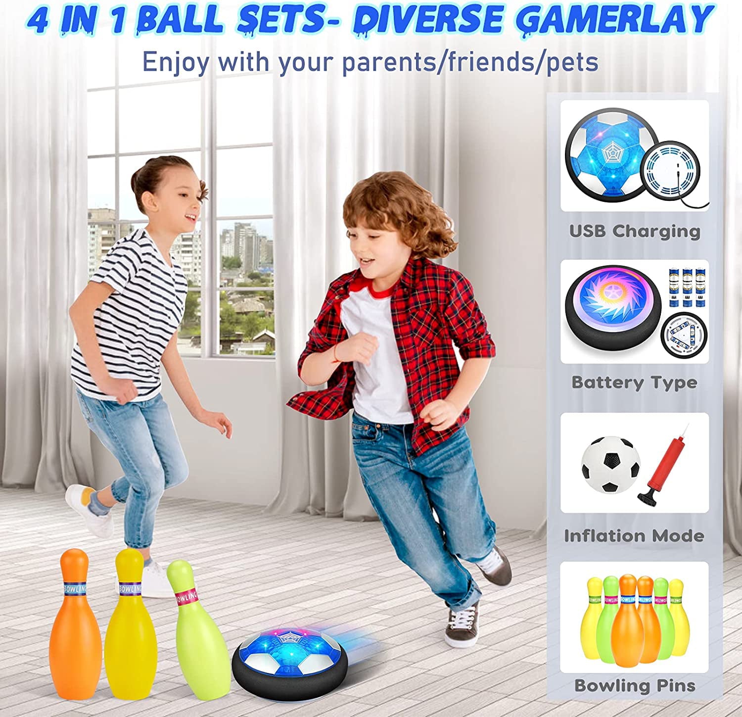 Hot Bee Hover Soccer Ball Set with 2 Goals, 3-in-1 LED Soccer Hockey Bowling Set Indoor/Outdoor Toys Gifts for Kids Boys Girls Ages 3+