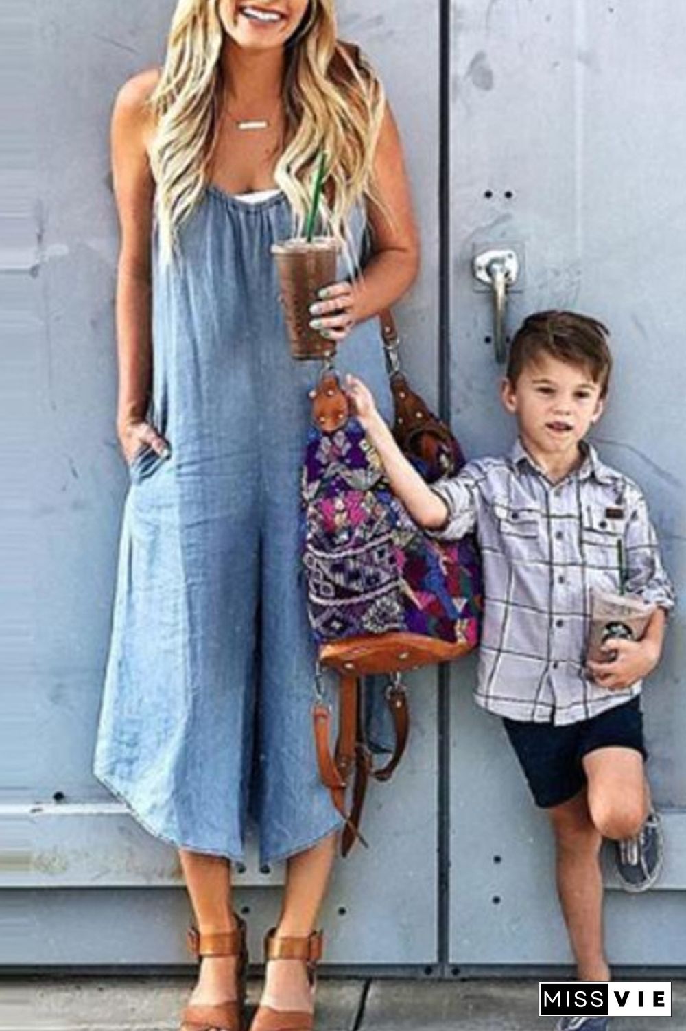 Denim Wide Leg Suspenders Jumpsuit