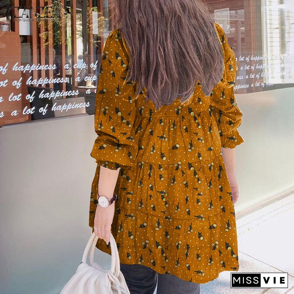 Plus Size Women Spring Casual Daily Long Puff Sleeve O-Neck Cotton Floral Printing Loose Shirt Blouse