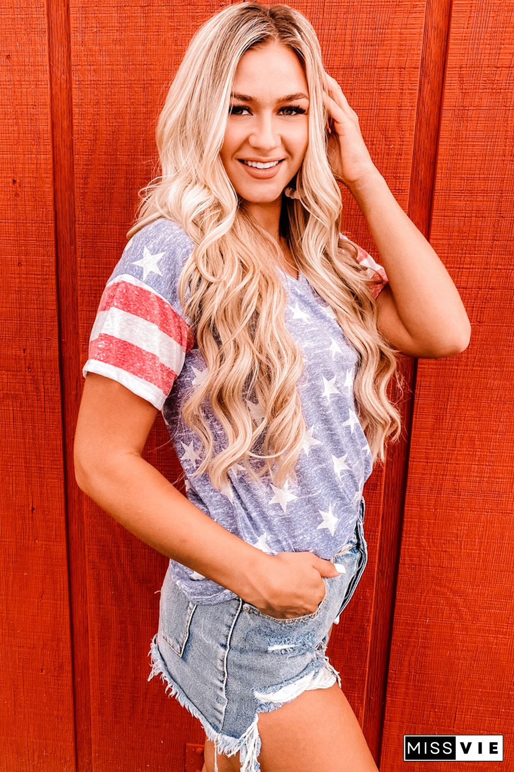 Blue Striped Sleeve Stars Print V Neck Tee