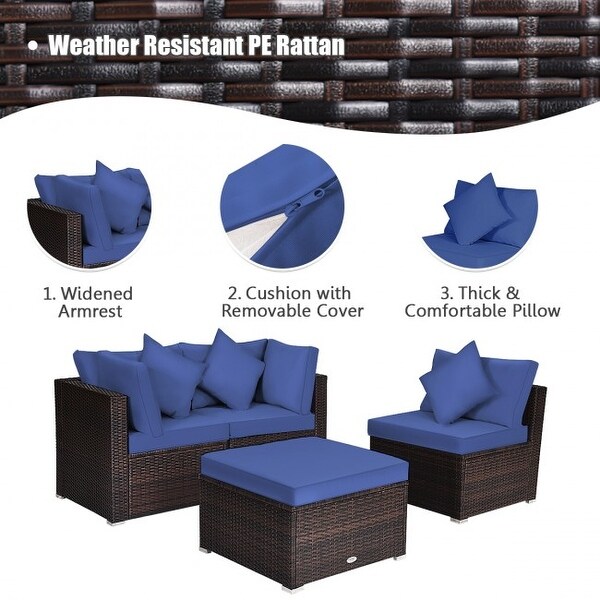 4 Pcs Ottoman Garden Deck Patio Rattan Wicker Furniture Set Cushioned Sofa - 29